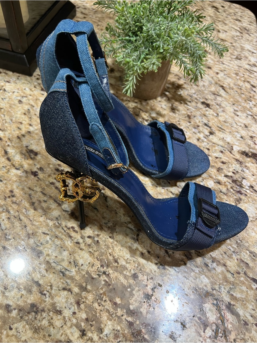 Dolce& Gabbana Patchwork Denim Sandals w/ Baroque DG Heels 40